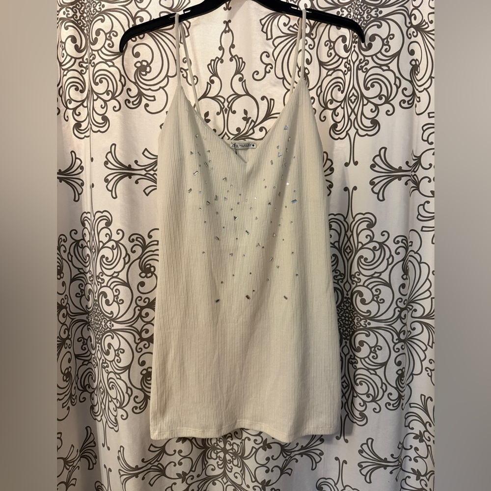 Zara White Flowy Rhinestone Beaded Tank Top dress